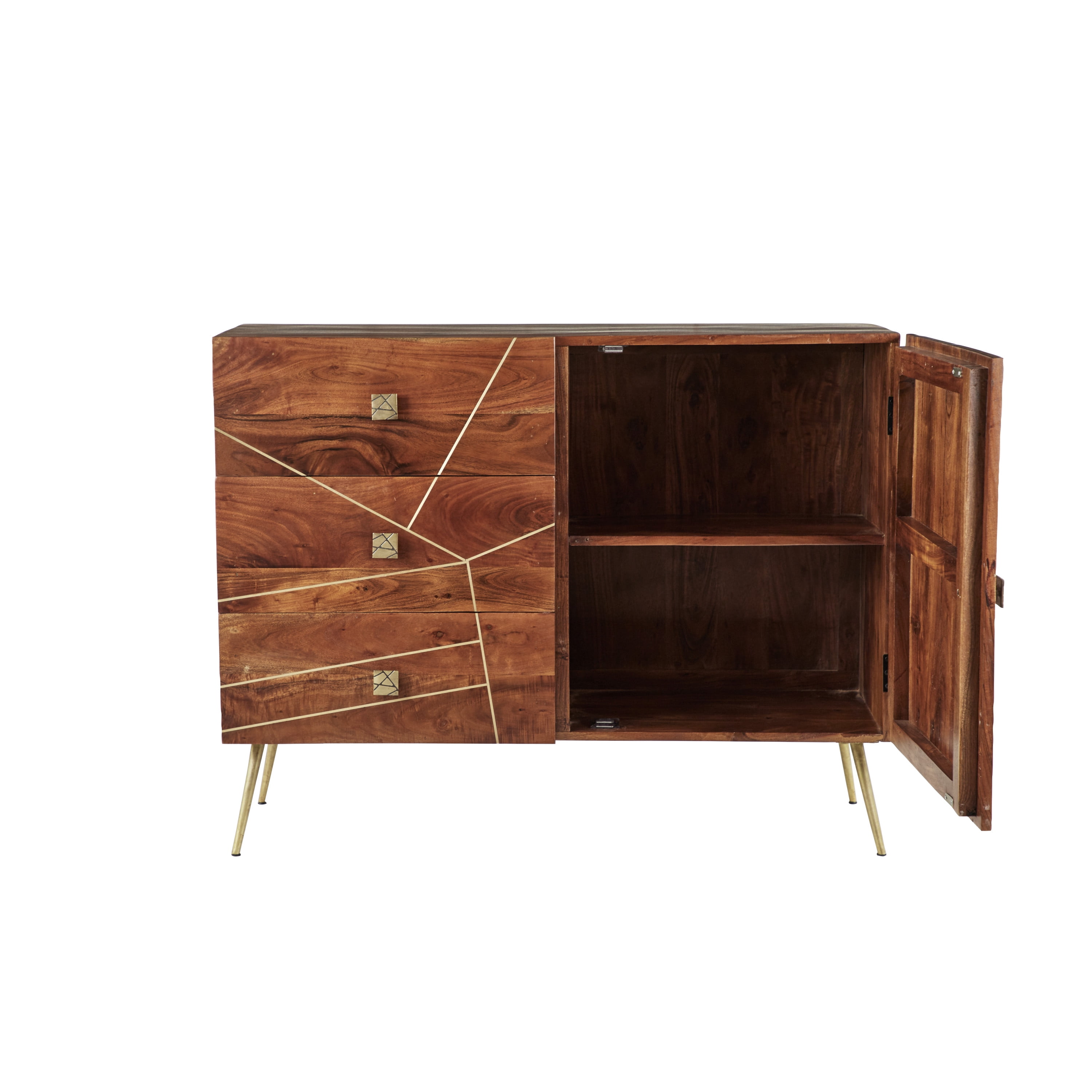 DecMode 46" x 36" Brown Metal 3 Drawers 1 Shelf and 2 Doors Buffet with Gold Inlay, 1-Piece