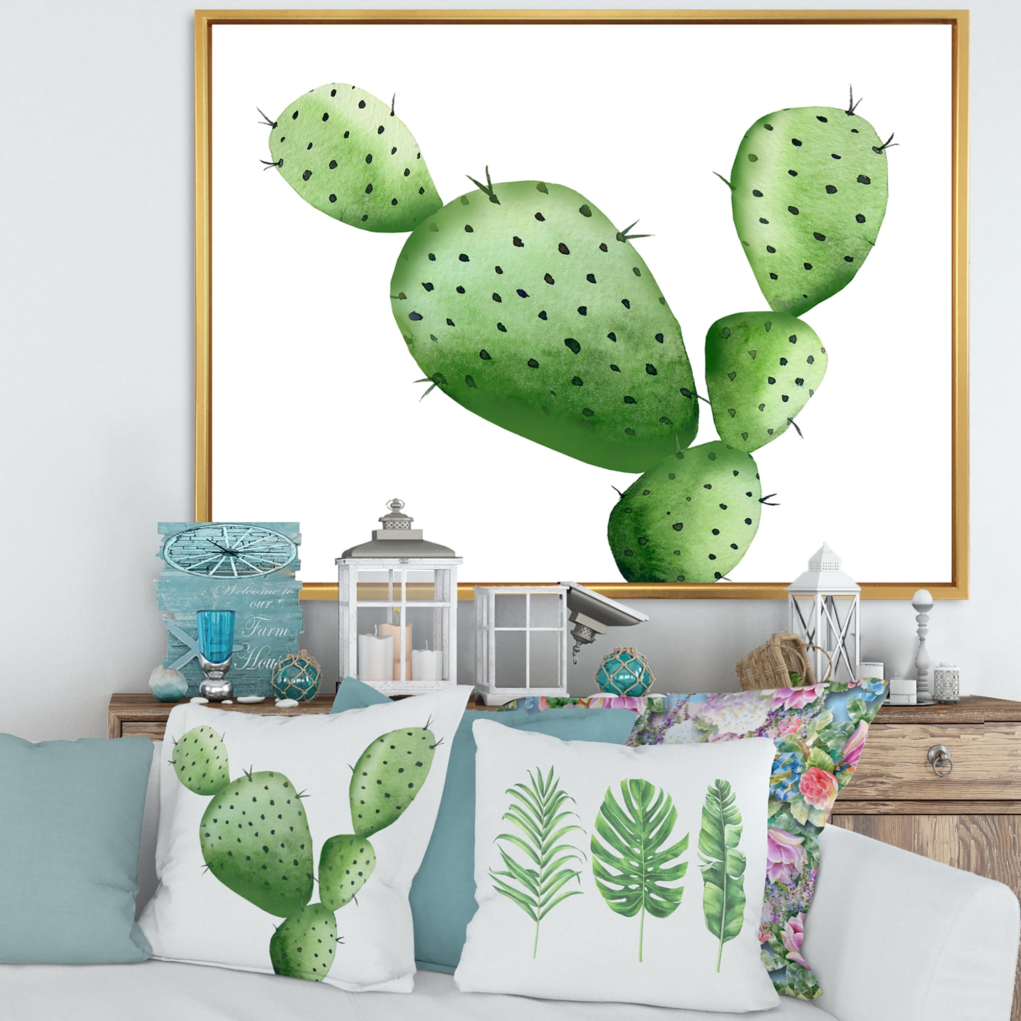 Designart 'Close Up Green Southwestern Cactus' Tropical Framed Canvas Wall Art Print