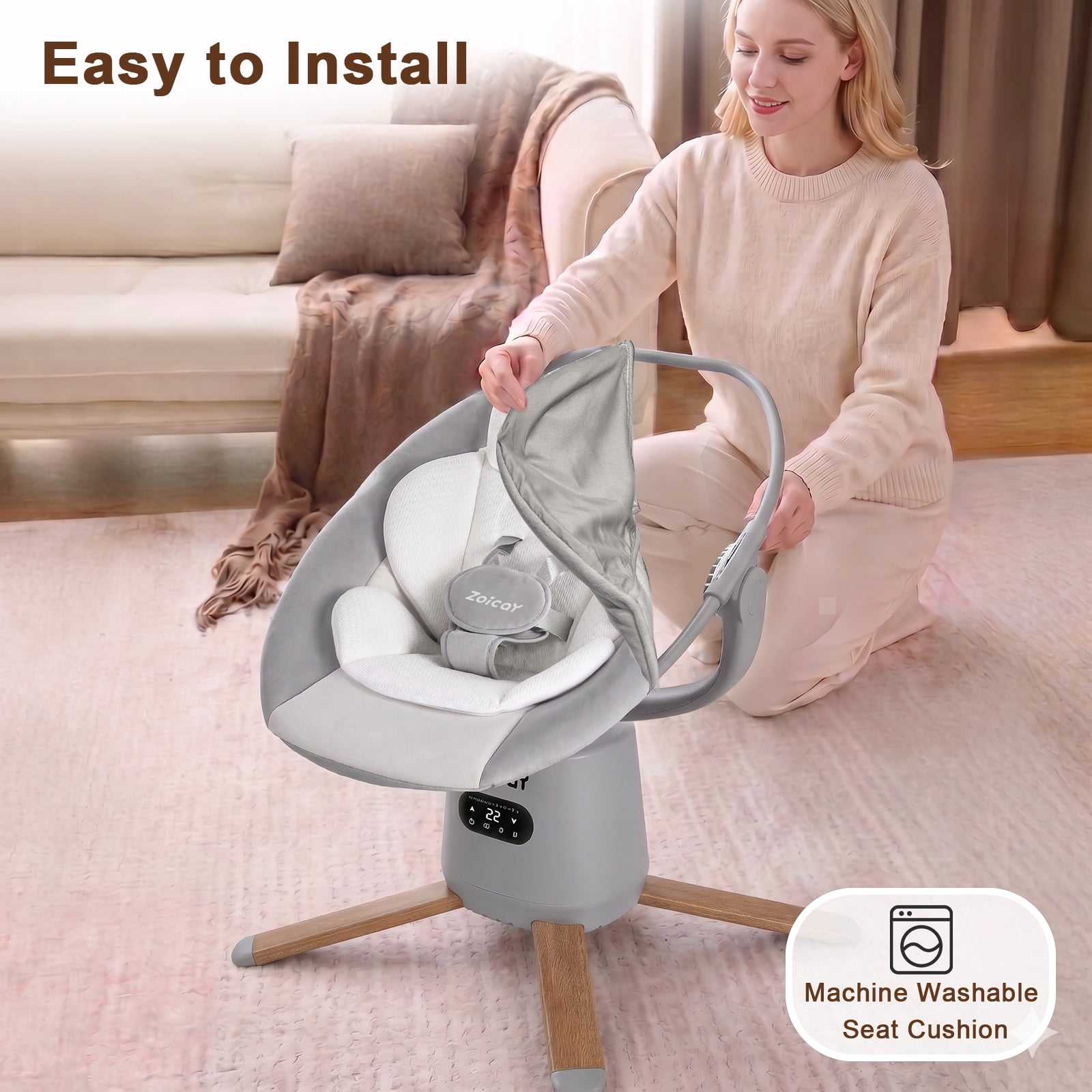 Zoicay Baby Swing with 5-Point Safety Harness, 8 Motions & 8 Speeds, 360° Rotatable Seat, Bluetooth & 6 Preset Melodies, App Remote Control, Gray