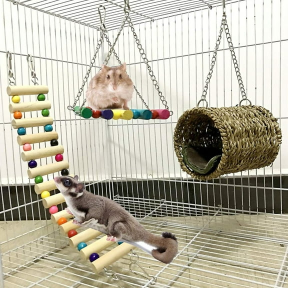 Soumake 3Pcs Pet Hammock Swing Tunnel House Bed Ladder Hamster Squirrel Hanging Cage Toy Practical