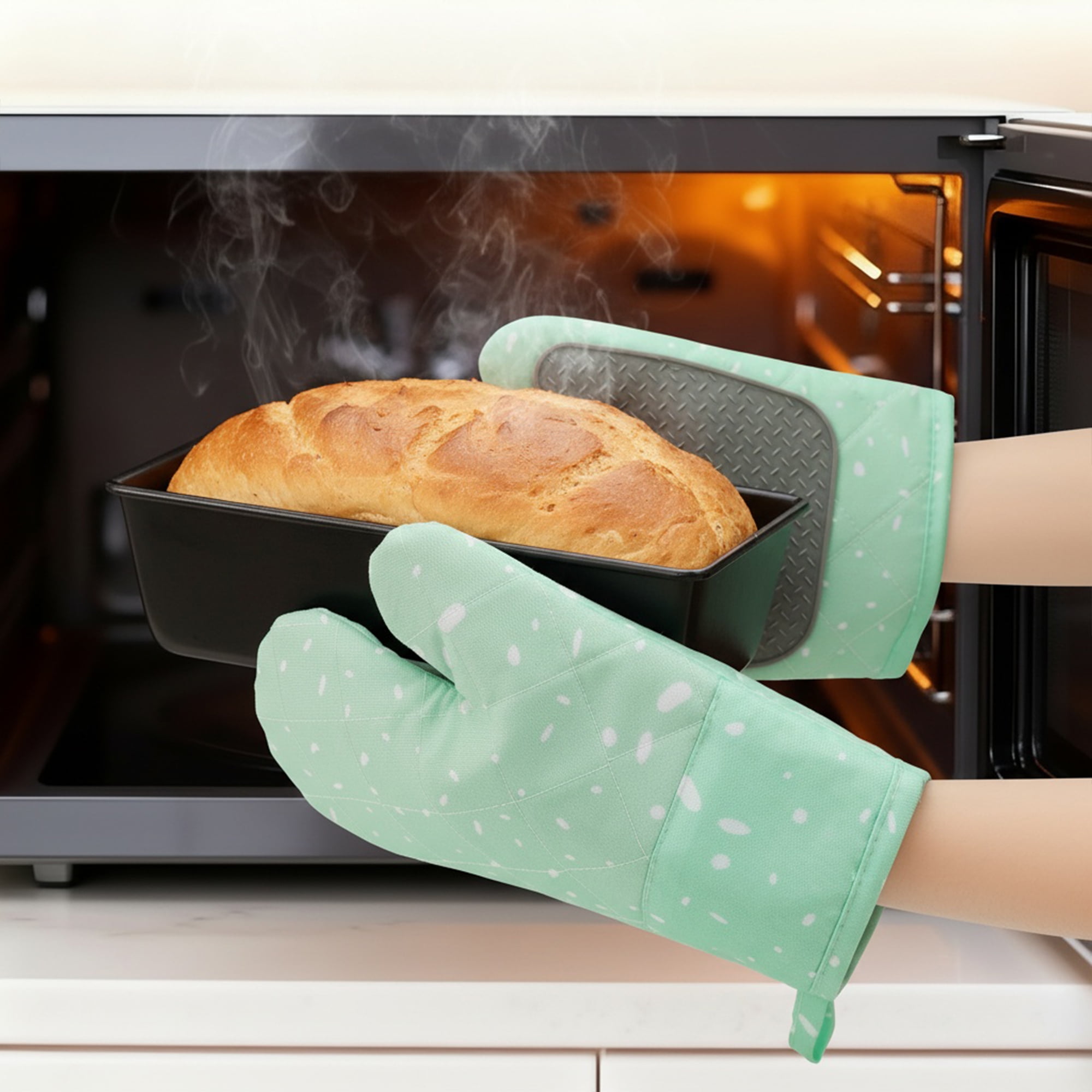 Unique Bargains Heat-Resistant Soft Oven Mitts 2 Pcs Green 10.6x5.9 Inch