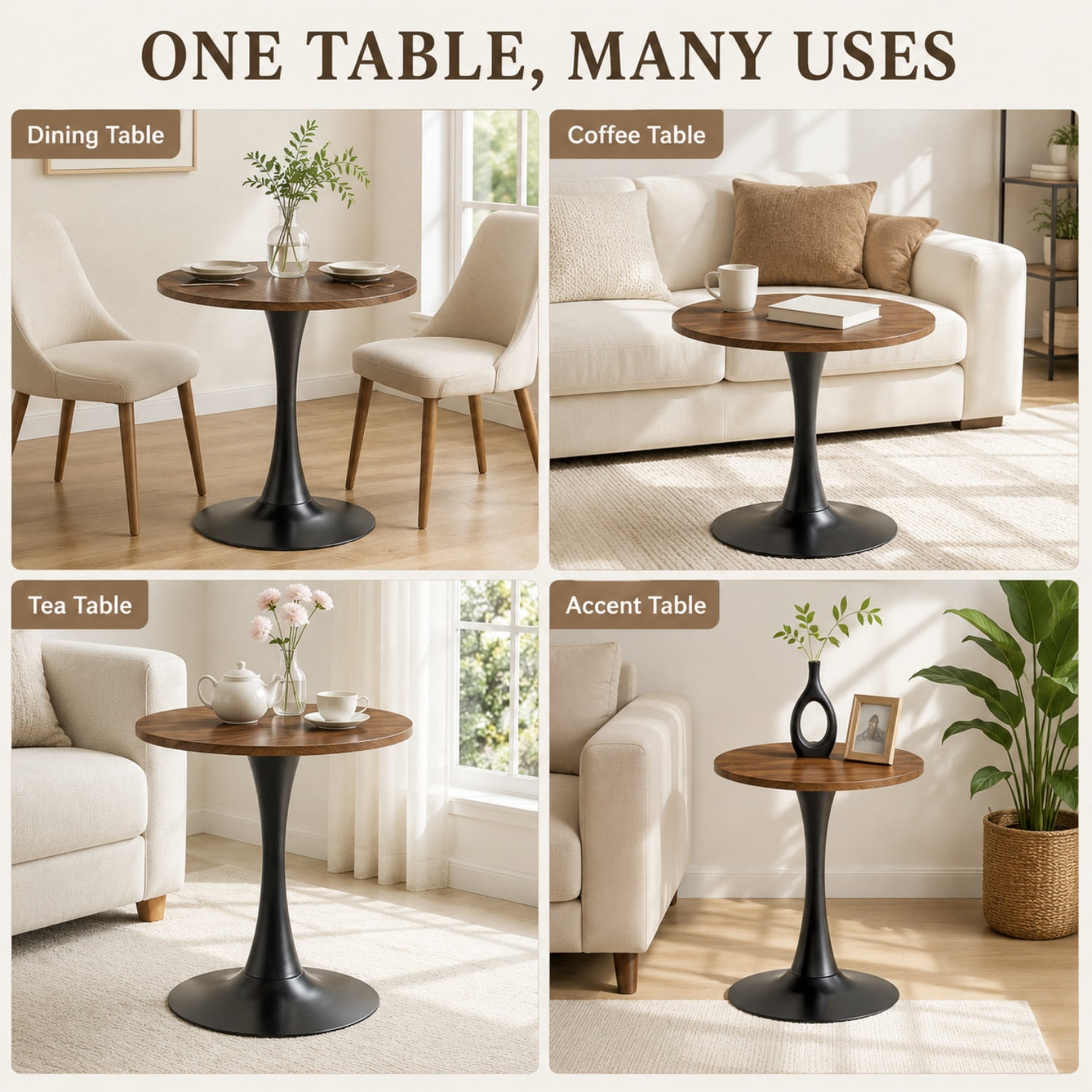 Miniyam 23.6” Round Dining Table, Small Pedestal Tulip Style Table for 2–4 People, Wooden Top with Metal Base, Dark Walnut