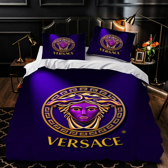 Elegant 3-Piece Purple Duvet Cover Set Golden Classical Greek Key Pattern Luxurious Bedding for Stylish Bedrooms