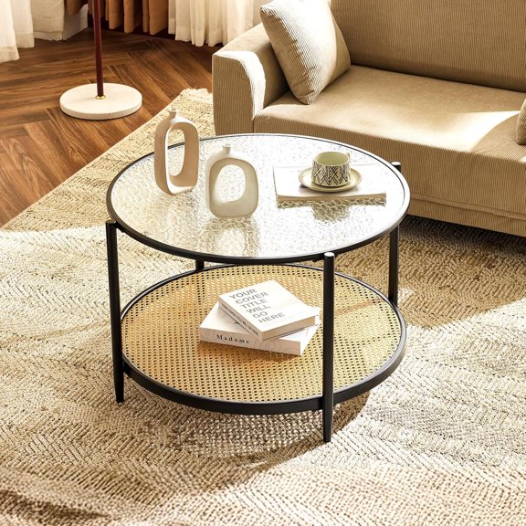 30" Round Coffee Table with Rattan Shelf, Glass Coffee Tables for Home Decor, Modern Coffe Table with 2-Tier Storage, Circle Center Table for Living Room, Office, Small Space, Black