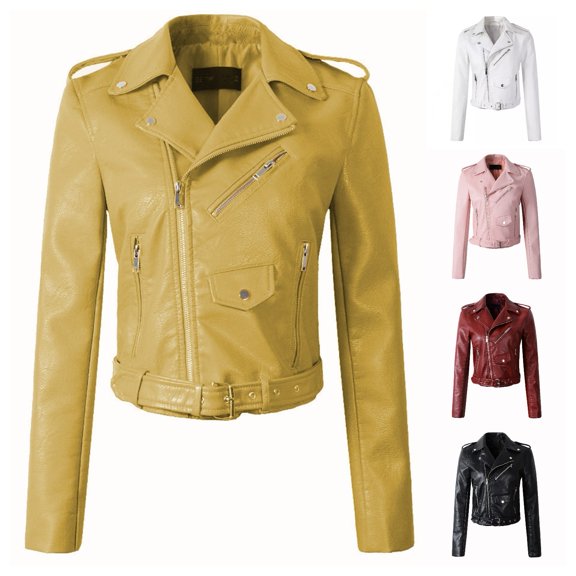 Joernso Women Jacket Faux Leather Smooth Surface Turn-down Collar Zip-up Zipper And Rivet Decor Long Sleeves Motorcycle Coat Travel Outerwear