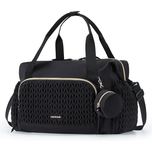 MIAISHUVO Negro Bolsa para Pañales de Viaje de Gran Capacidad, Pañalera Impermeable Multifuncional con Asas Largas Bolsillos Extraíbles y Estuche para Chupete, Ideal M