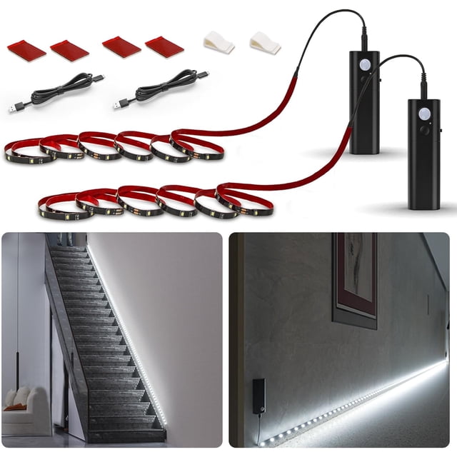 WOBANE Motion Sensor Closet Strip Lights, Rechargeable Motion Activated Light, Battery Powered 6.56ft LED Strip, 60 LEDs Homelife Bar for Wardrobe,Stair,Pantry,Counter,Cabinet,Bed,6000K White,Black