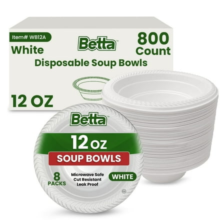 Betta 12 Oz Disposable Plastic Soup Bowls, White, 800 Count, Bulk Case, Microwave Safe (8 Pack Per Box x100)