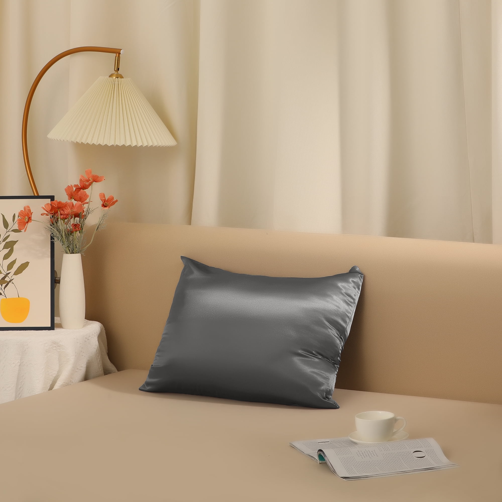 Unique Bargains Zipper Closure Satin Solid Pillowcase with Eye Mask Dark Grey Standard