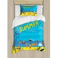 thumbnail image 1 of Hello Summer Duvet Cover Set Twin Size, People Having Fun at a Tropical Beach Relaxing Summer Vacation Cartoon Style, Decorative 2 Piece Bedding Set with 1 Pillow Sham, Multicolor, by Ambesonne, 1 of 3