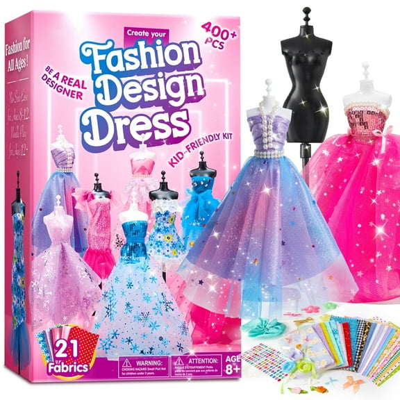 Joyfy Fashion Design Sewing Art and Craft Kit for Girls, DIY Barbie Doll Accessory Handmade Fashion Dress with 3 Mannequins, Christmas Birthday Gift for Girls Age 8 