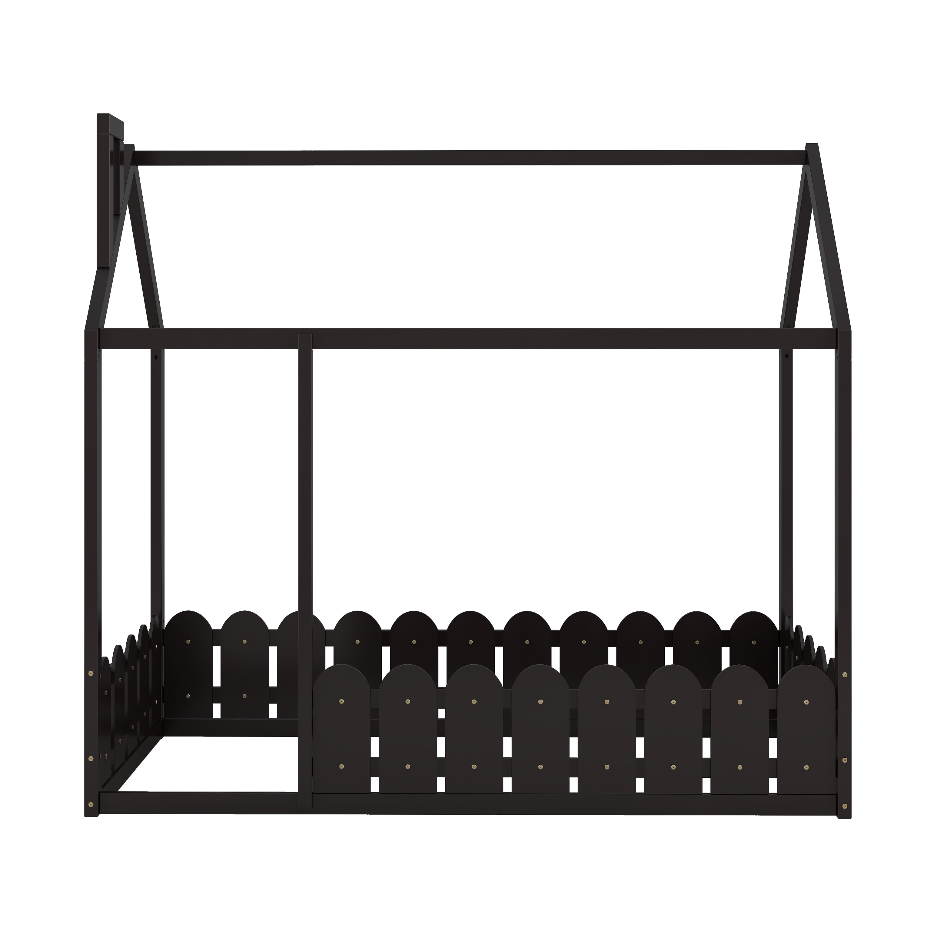 Gewnee Twin Size House Bed with Fence and Roof,Wood Floor Bed Frame for Toddlers and Kids,Espresso