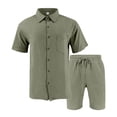 thumbnail image 5 of Men's Linen Cotton Short Sleeve Shirt and Drawstring Shorts Set Solid Color Casual Flip Collar Beach Vacation Travel Loungewear Outfits Modern Fashion Essential | AESTIVO,Army Green L, 5 of 7
