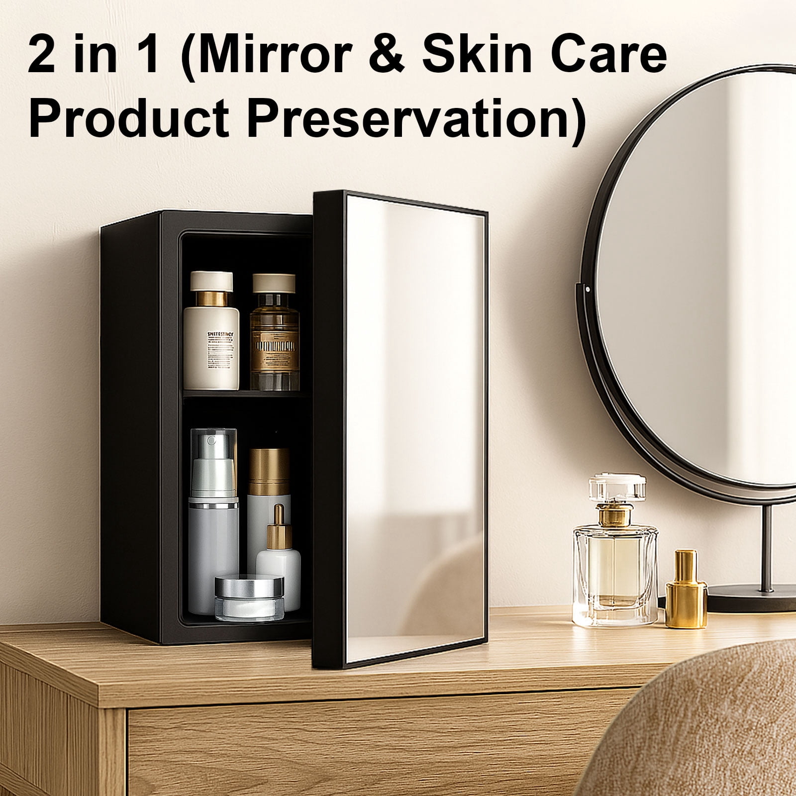 Dimedeal 0.9 Cu.ft Mini Beverage Refrigerator, 24 Cans Beauty Fridge  with Mirror Door,  Compact Cooler for Bedroom, Dorm, Office