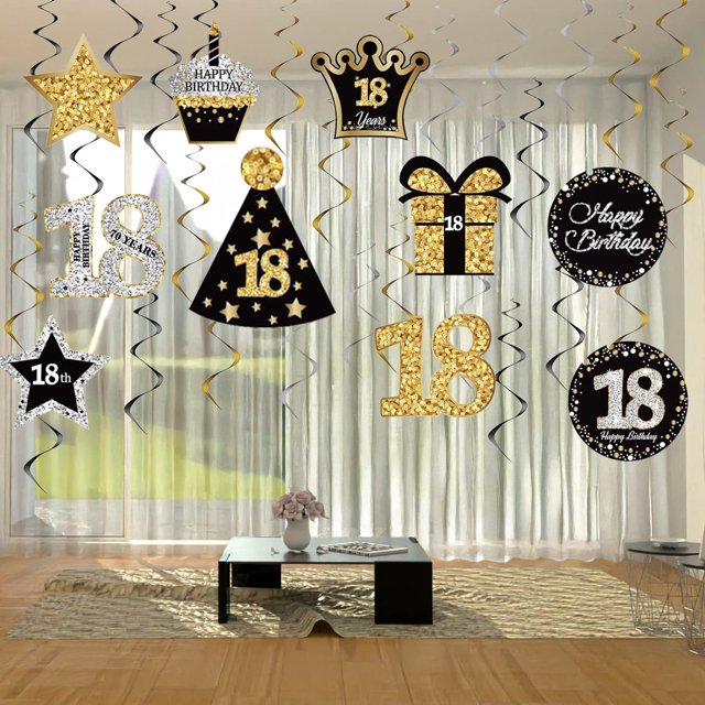 SURJDE 30 Pieces 18th Birthday Party Decorations, 18th Birthday Party Decorative Cards and Hanging Swirls Ceiling Decorations Shiny Celebration Hanging Swirls Decorations for 18th Birthday Par