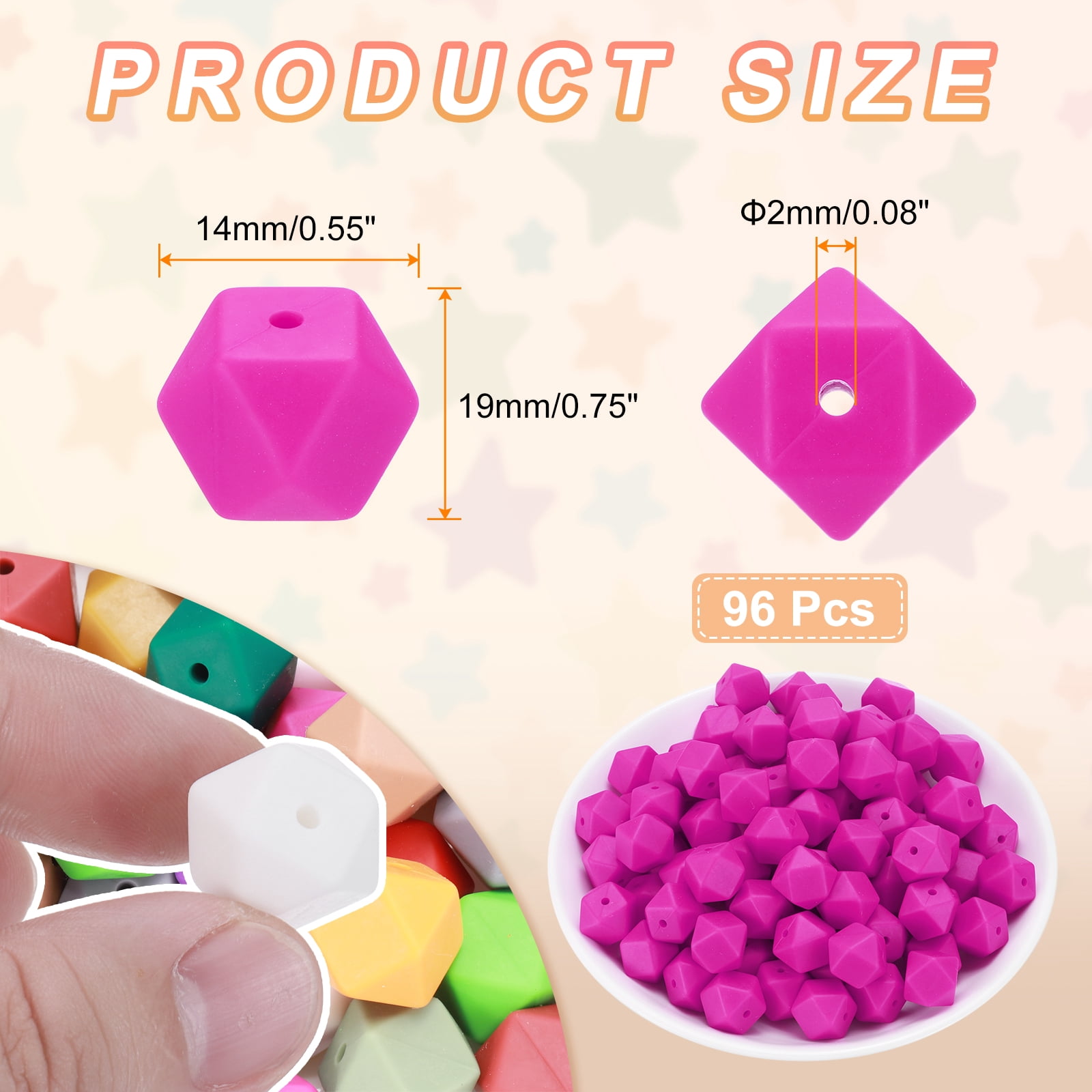 96Pcs Silicone Beads 14mm Hexagon Rubber Focal Beads Bulk for Pens Keychain Bracelet Necklace DIY Crafts Making, Rose Purple