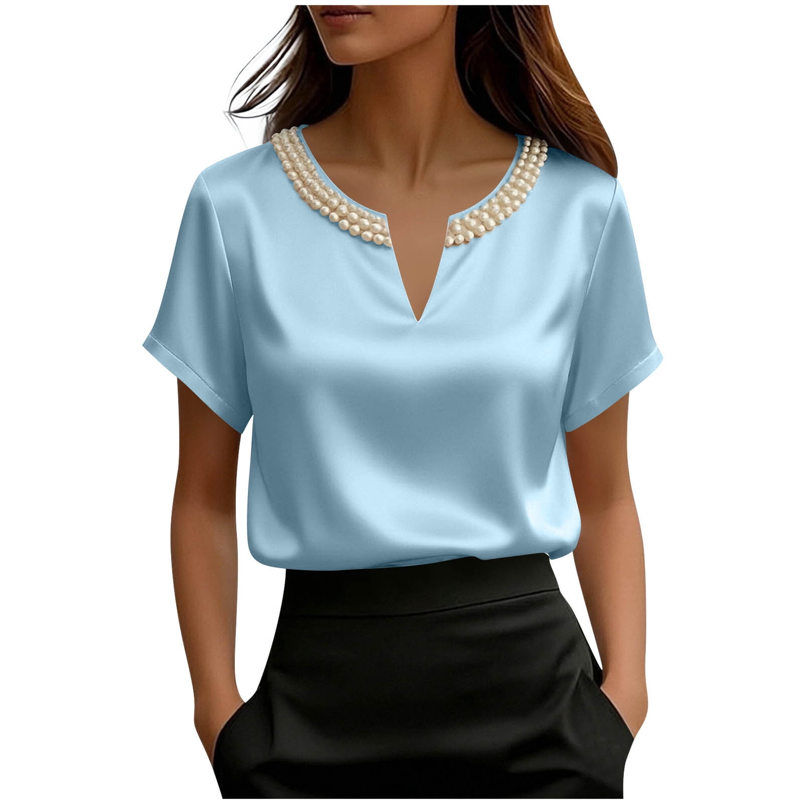YUGYXL Womens Blouse Elegant Pearls Beaded V Neck Short Sleeve
