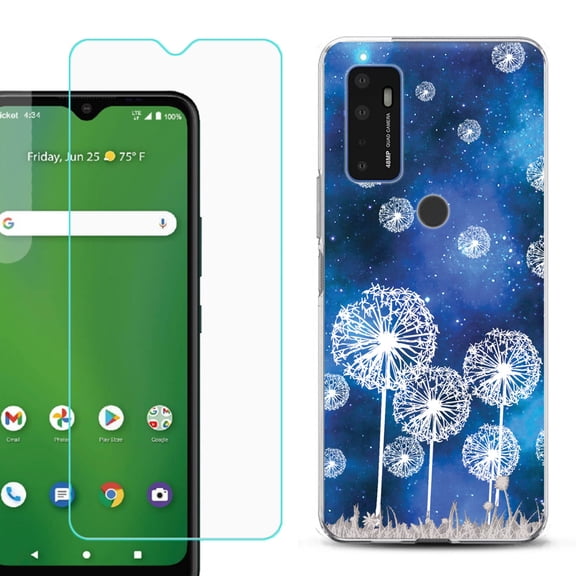 Slim-Fit Gel TPU Phone Case for Cricket Dream 5G, with Tempered Glass Screen Protector, by OneToughShield ® - Dandelion Stars