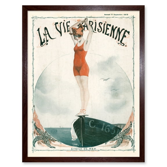 Vintage French Fashion La Vie Parisienne Swimming Starfish Magazine Cover Art Print Framed Poster Wall Decor 12x16 inch