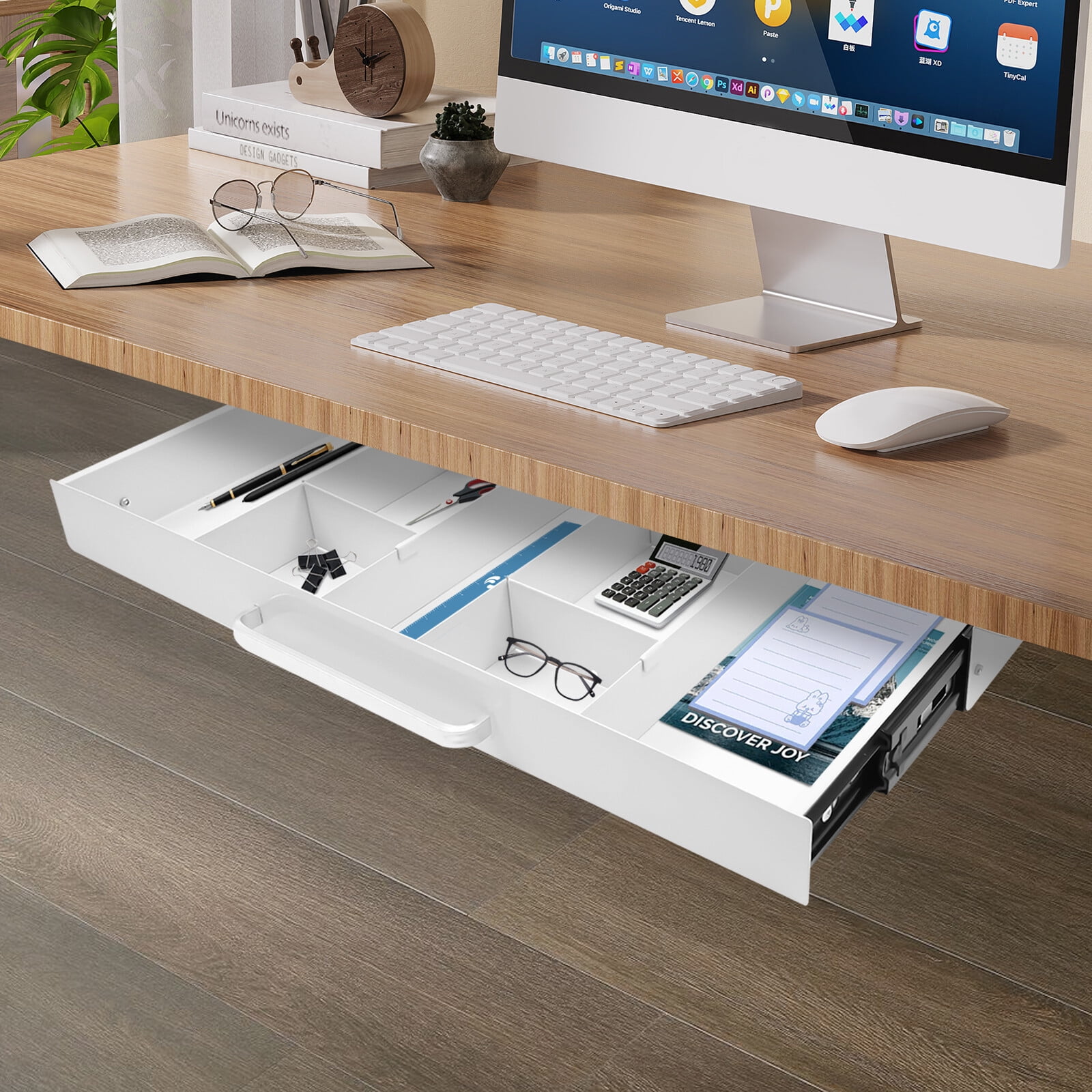 White Under Desk Mounted Sliding Pull-out Drawer, Drawer Storage Organizer for Standing Desks, Pull-out Drawer Iron