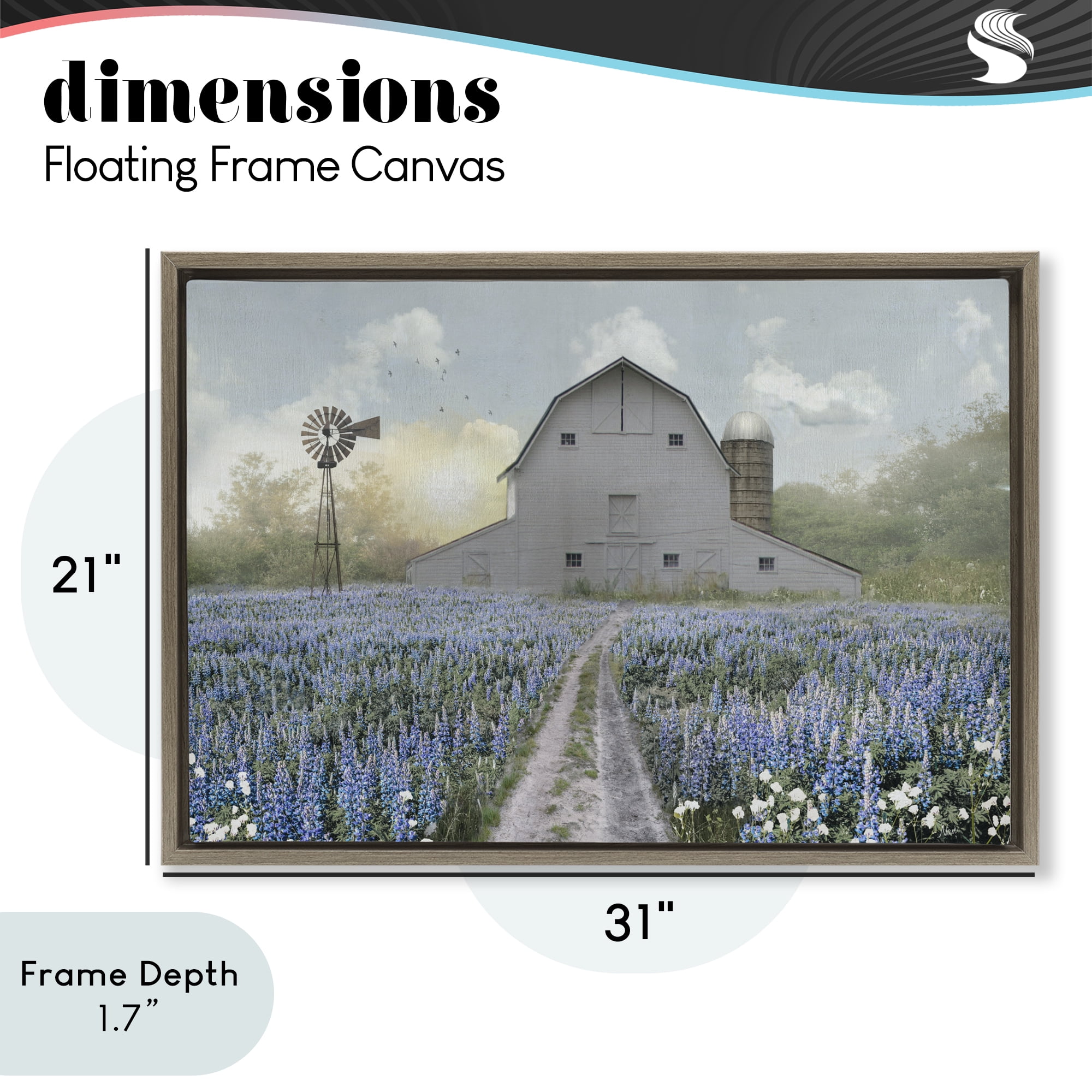 Stupell Industries Meadow of Blue Flowers & Barn Brown Framed Floater Canvas Wall Art, design by Nan