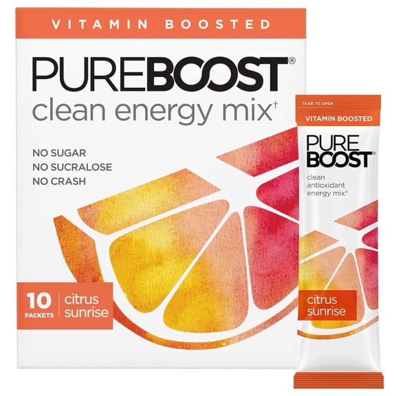 Pureboost Clean Energy Booster, Citrus Sunrise 10 Count, Refreshing Energy Drink mix with B12, Electrolytes & Antioxidants, Sugar-Free with No Sucralose