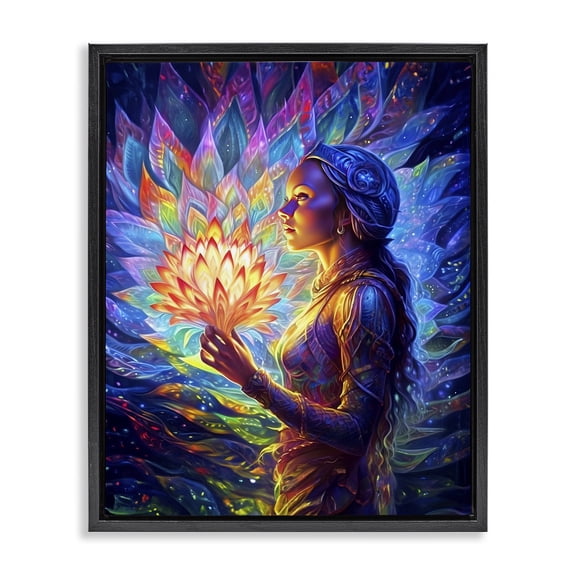 Stupell Industries Contemporary Woman & Lotus Fractals Black Floating Frame Canvas Art, 17 x 21, by Spirit of the Rainbow