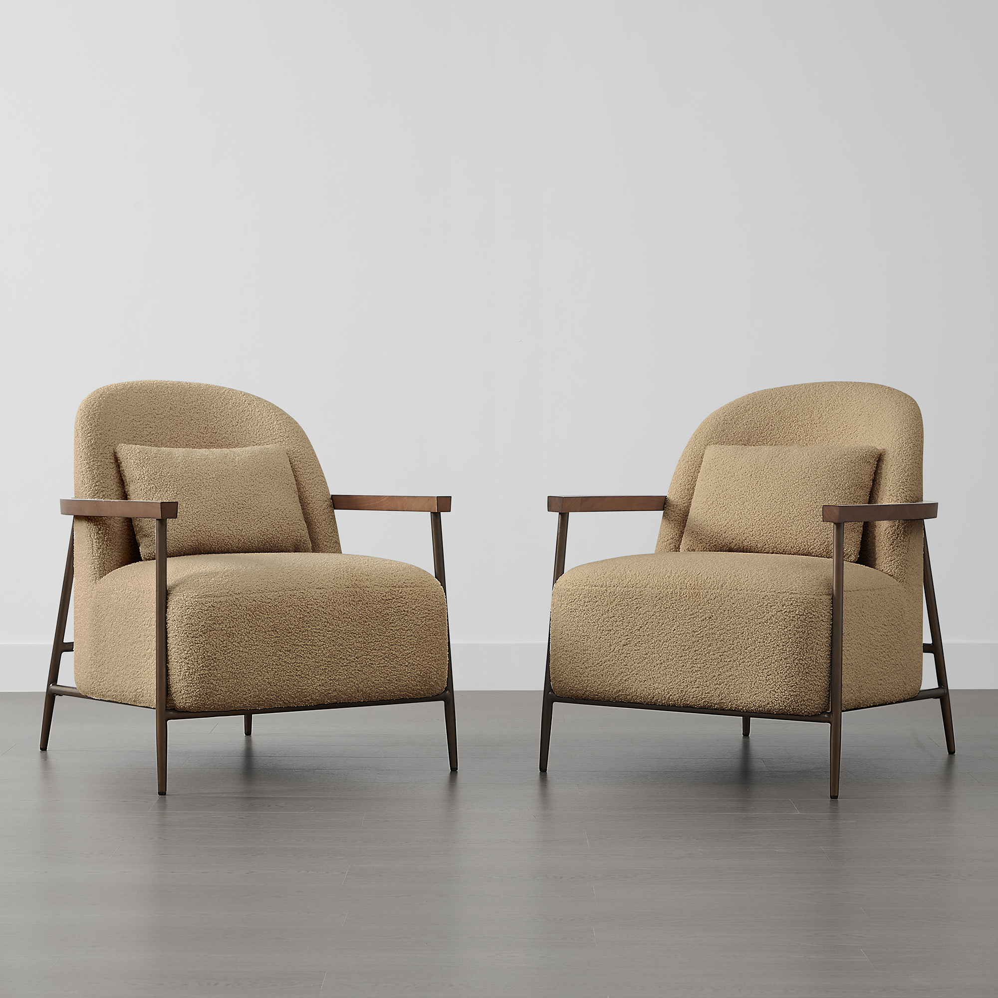 Spruce & Spring Modern Upholstered Faux Sherpa Accent Chair with Wood Arms and Metal Legs, Set of 2, Camel