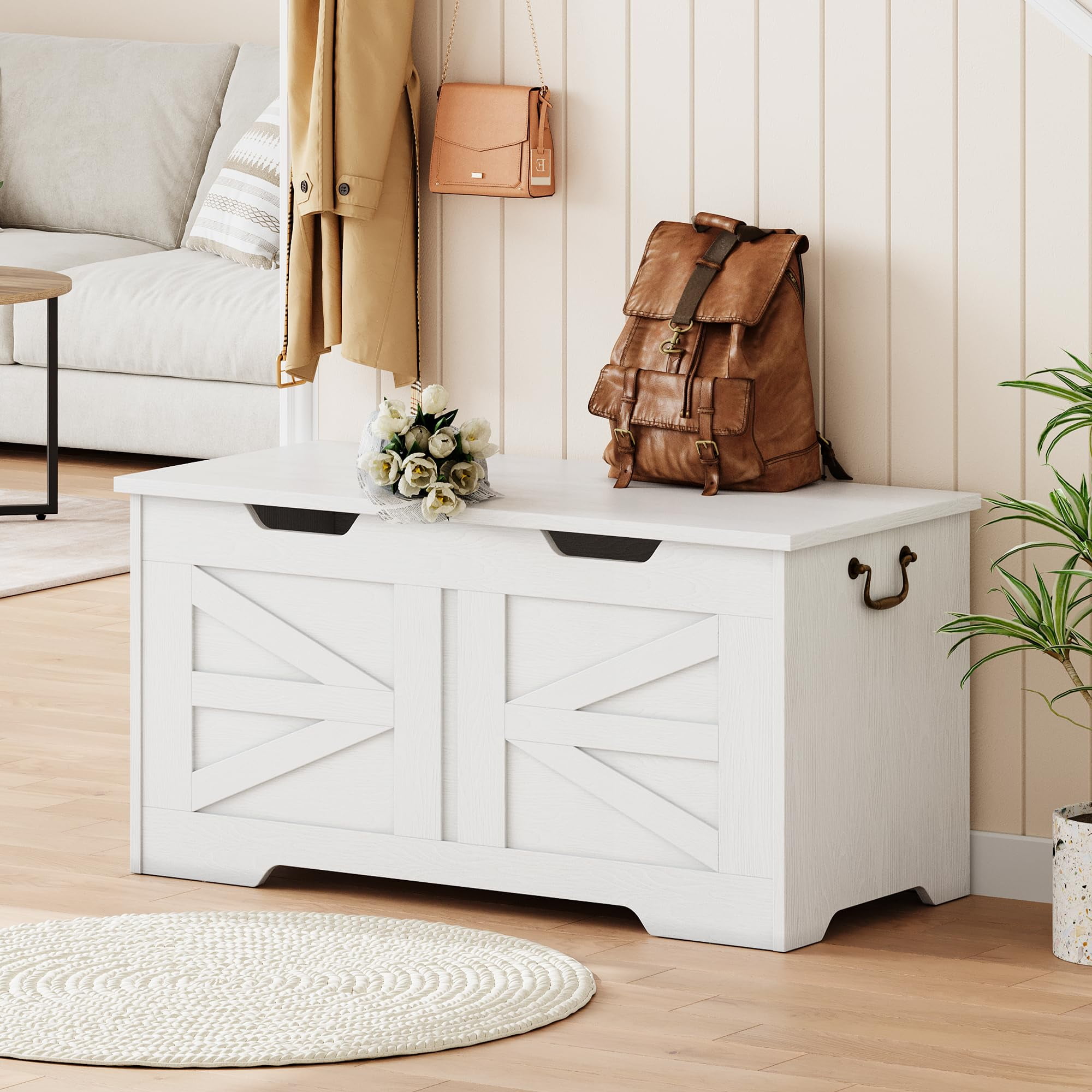 Huisuilinss Storage Bench,24.8” Retro Wooden Storage Chest with U-Shaped Cut-Out Pull, Safety Hinge, Supports 350 lb and Easy Assembly for Toy Box Organizer