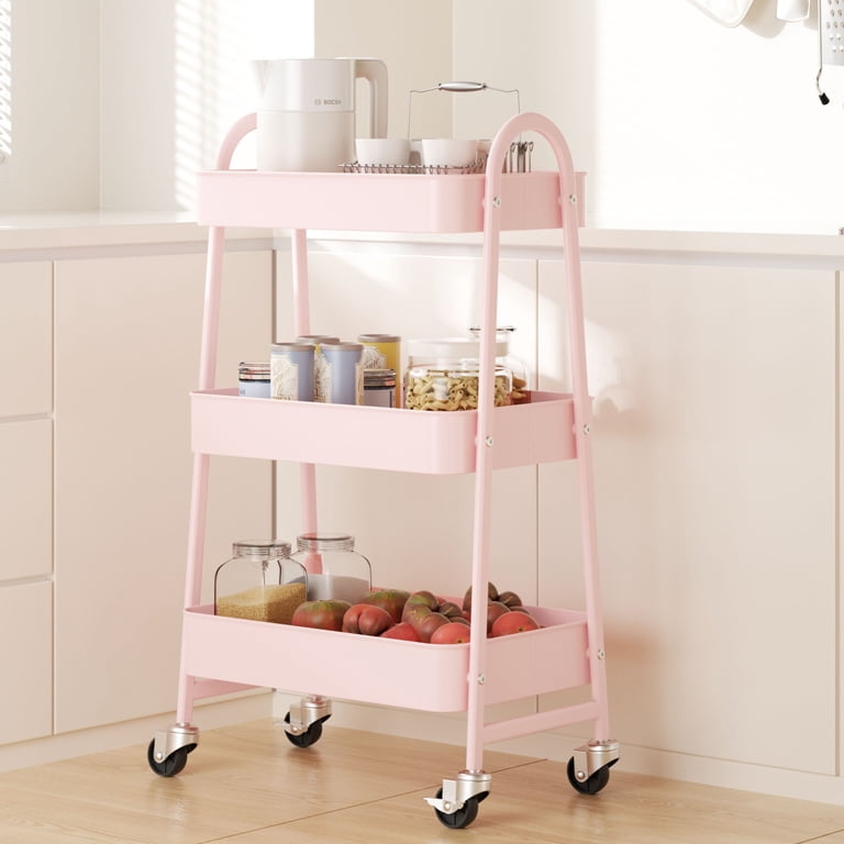 edx 3-Tier Metal Rolling Cart with Mesh Baskets, Pink photo 1