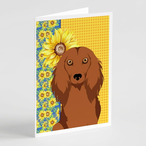 Summer Sunflowers Longhair Red Dachshund Greeting Cards and Envelopes Pack of 8 7 in x 5 in