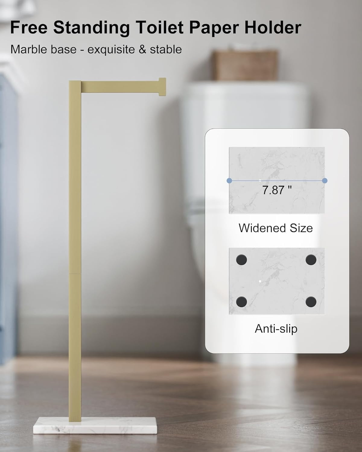 Toilet Paper Holder Stand Brushed Gold SUS 304 Stainless Steel Rustproof Free Standing 22 Inch Rotating Bathroom Tissue Roll For 4 Rolls With Marble Base
