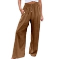 thumbnail image 1 of Pantalones anchos con cintura elástica y botones para mujer - Pantalones informales rectos de poliéster, S-XXXXXL, 1 of 5
