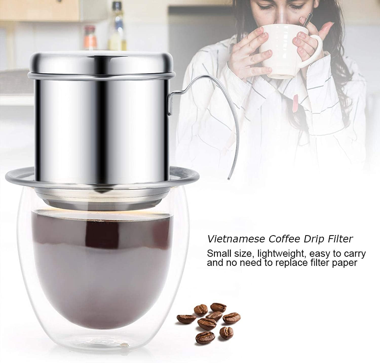ABCISI Coffee Maker Pot, Stainless Steel Vietnamese Coffee Drip Filter Maker, Single Cup Coffee Drip Brewer, Portable for Home Kitchen Office Outdoor Use, Best Gift Choice for Baristas Coffee