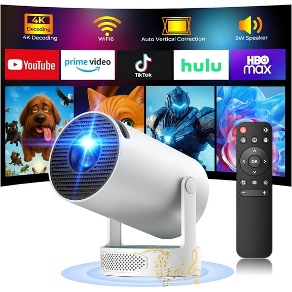CAMPARK Smart Projector with WiFi and Bluetooth, 4K Projector with 5W Soundbase Speaker, 270° Rotation Portable Movie Projector with Auto Keystone & Electric Focus for Home Theater