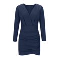 thumbnail image 5 of SMihono Women Trendy Plunge Ruched Long Sleeve Bodycon Dress V Neck Surplice Wrap Slim Mini Party Dress Bodycon Mini Dress Blue 6, 5 of 6