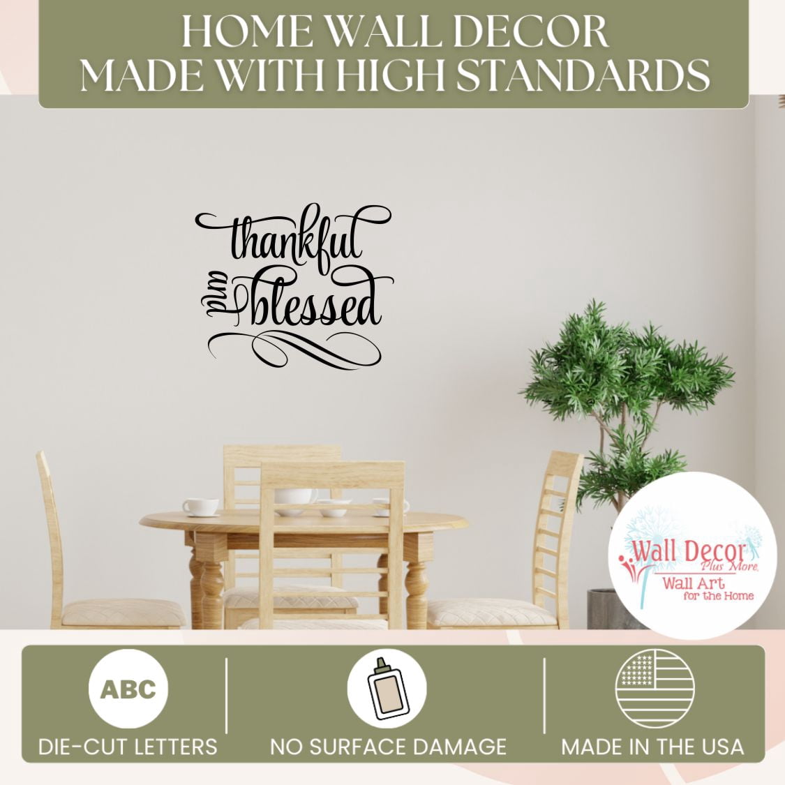 Kitchen Wall Art Decal Thankful Blessed Cursive Word Quote Swirls Wall Stickers 28x23-Inch Black
