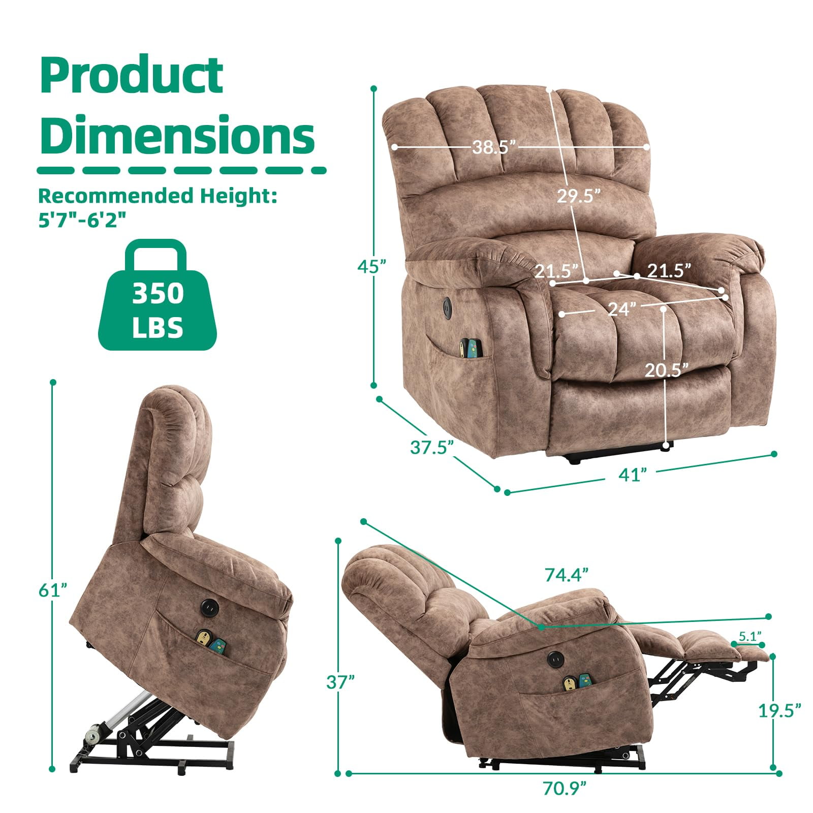 VIVIJASON Large Power Lift Recliner Chair with Heat & Massage for Elderly Big People, Overstuffed Wide Electric Lift Chair with Extended Footrest, 2 Remote Controls, Side Pockets & USB Ports, Brown
