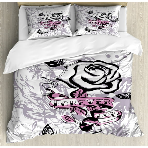 Ambesonne Rose Duvet Cover Set, Abstract Butterflies Love, Queen, Pale Mauve Pink