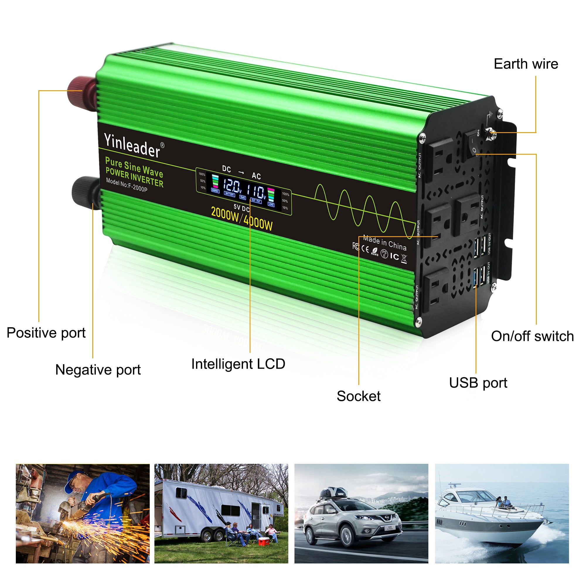 Yinleader 2000 Watt Pure Sine Wave Power Inverter 12V to 110V DC to AC with Remote Control LCD Display 4 Sockets 4 USB