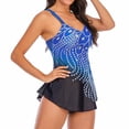 thumbnail image 3 of Defitshape Women's Tummy Control Tankini Swim Suit Feather Beaded Rhinestone 2 Piece V Neck Sailor Long Torso Swimwear Flyaway Swim Dress Full Coverage Modest Skirted Bathing Suit Blue Medium, 3 of 5