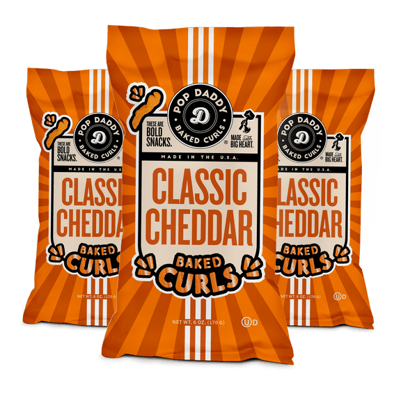 Pop Daddy Classic Cheddar Baked Curls, 6oz Crunchy Cheese Curls Snacks, Gluten Free-Friendly, Kosher, 3 Packs