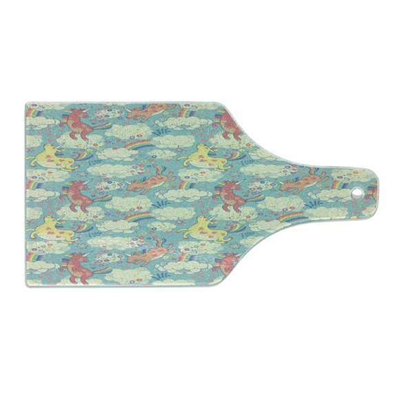 Pastel Cutting Board, Rainbow Unicorns Flying in Sky with Clouds Cheerful Theme, Decorative Tempered Glass Cutting and Serving Board, Wine Bottle Shape, Multicolor, by Ambesonne