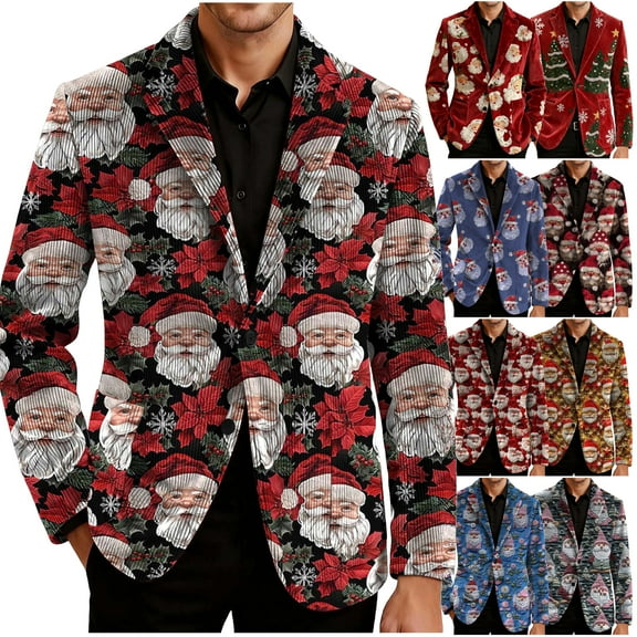 oelaio Men's Ugly Christmas Blazer Corduroy Xmas Print Holiday Party Jacket Two Button Slim Fit Business Office Blazers with Pockets Blue S