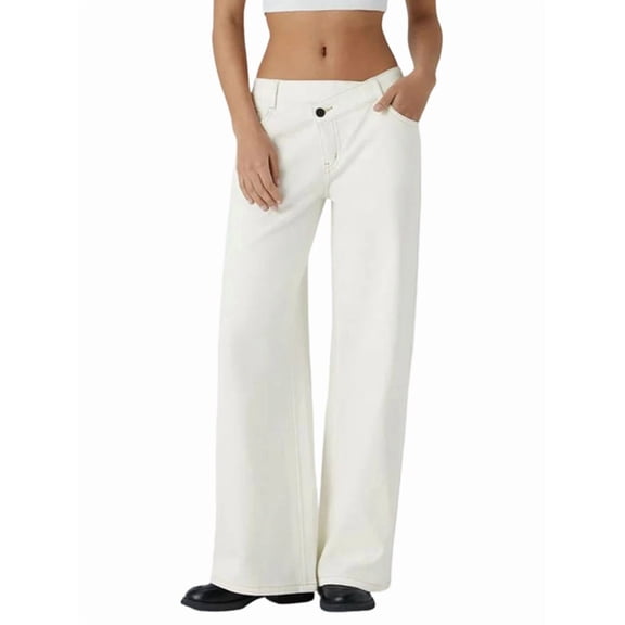 Female Denim High Waist Pocket Wide Leg Jeans Cream White M