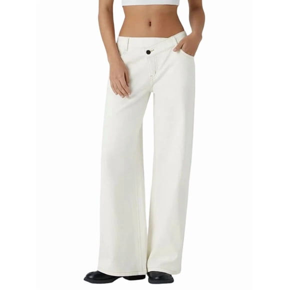 Womens Denim High Waist Pocket Wide Leg Jeans Cream White XS