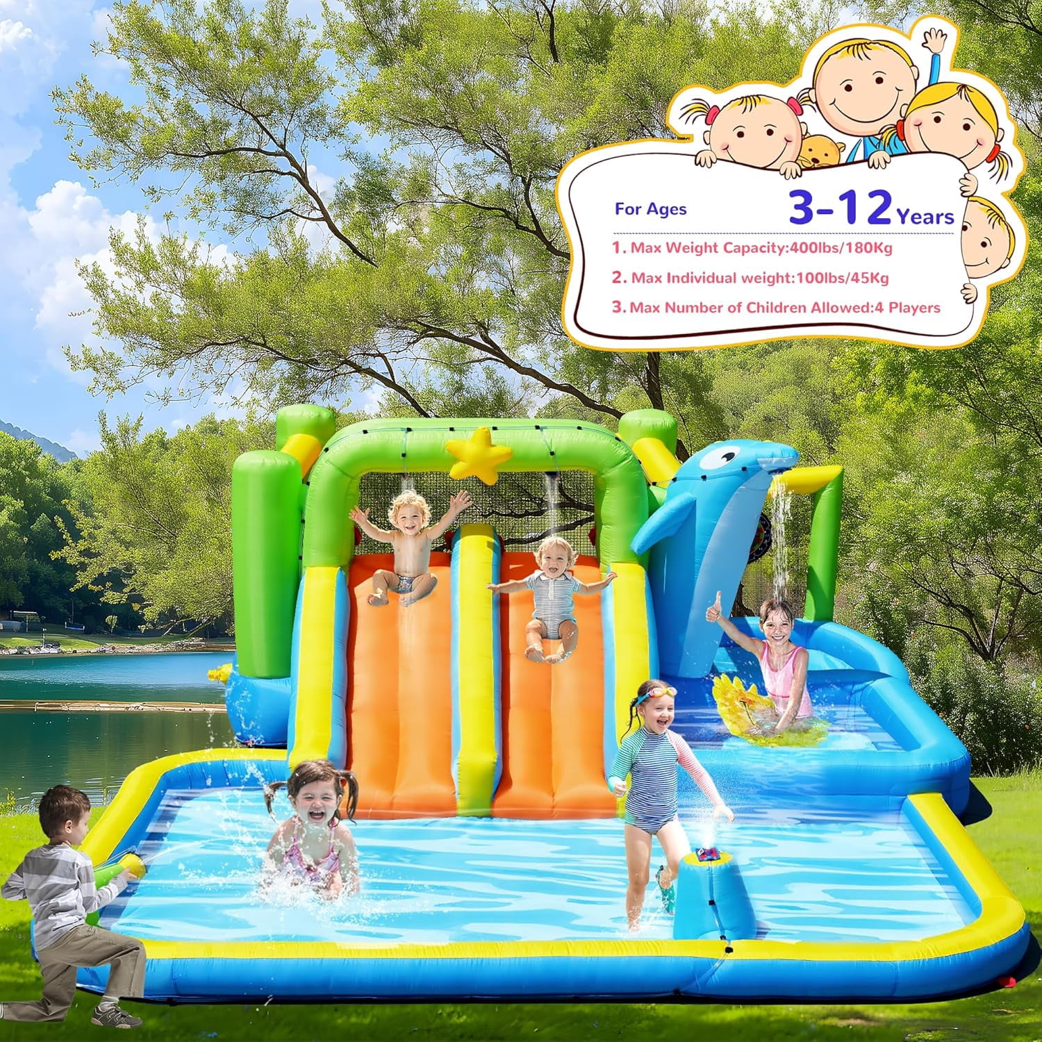 Acpouw 9 in 1 Inflatable Water Slide for 3-12 Years, Bounce House with Blower Shower Soak, Pool, Sprinkler Fountain, Water Gun Target for Kids , Indoor/Outdoor Kids Bouncy Castle with Blower