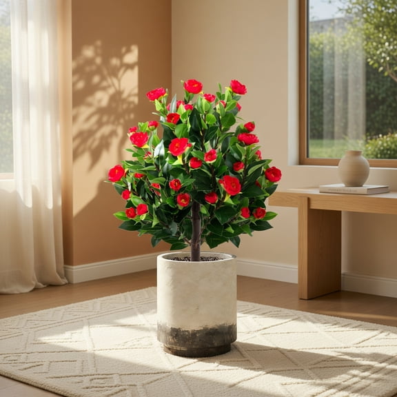 Topcobe 31 Inches Artificial Camellia Tree Set 2 Pack Fake Flower Trees Green, Artificial Trees for Home Decor Indoor Outdoor