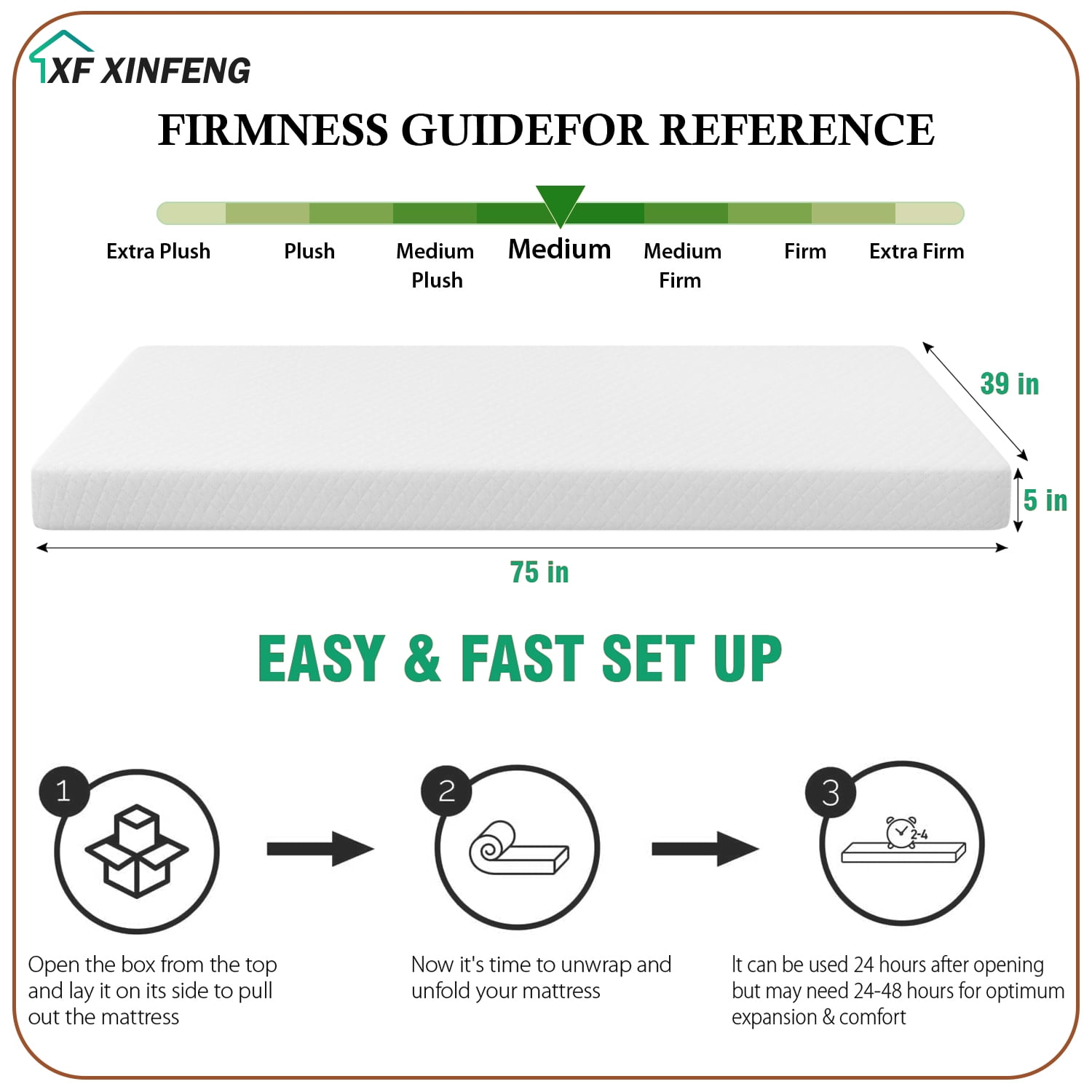 XF XINFENG 5" Twin  Memory Foam Mattress Fiberglass Free Single Medium Comfort Sleep & Comfy Support, White,Twin