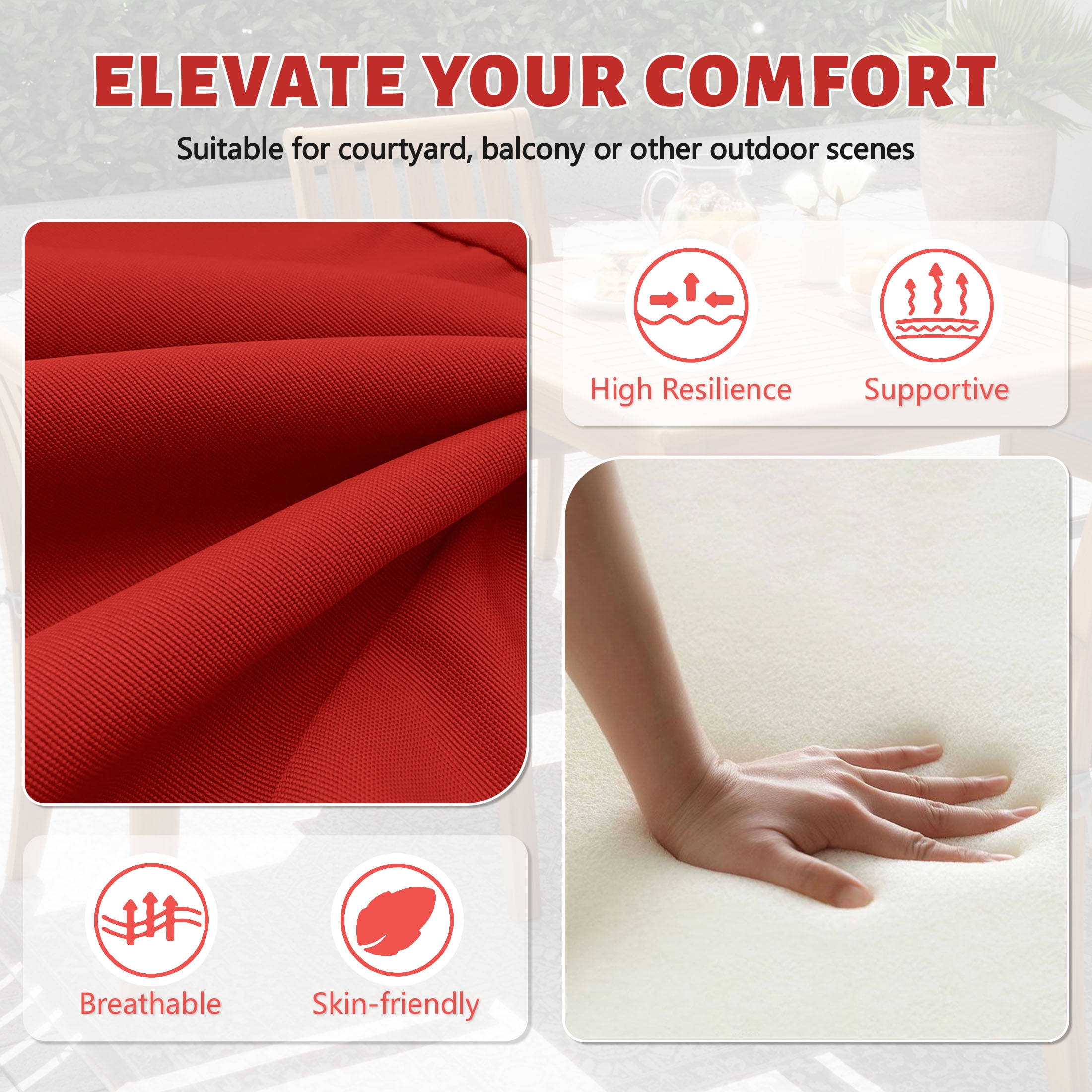 Kimunuk Outdoor Chair Cushions set of 2, 17" x 16" Zipped Waterproof Outdoor Seat Cushions Couch Pads with Ties for Patio Furniture, Red